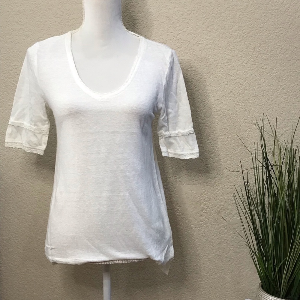 Meadow Rue by Anthropologie white v-neck lace trim fitted tee sz XS